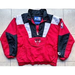Chicago Bulls 90s STARTER puffer 1/2 Pullover jacket yth M red black NBA vintage